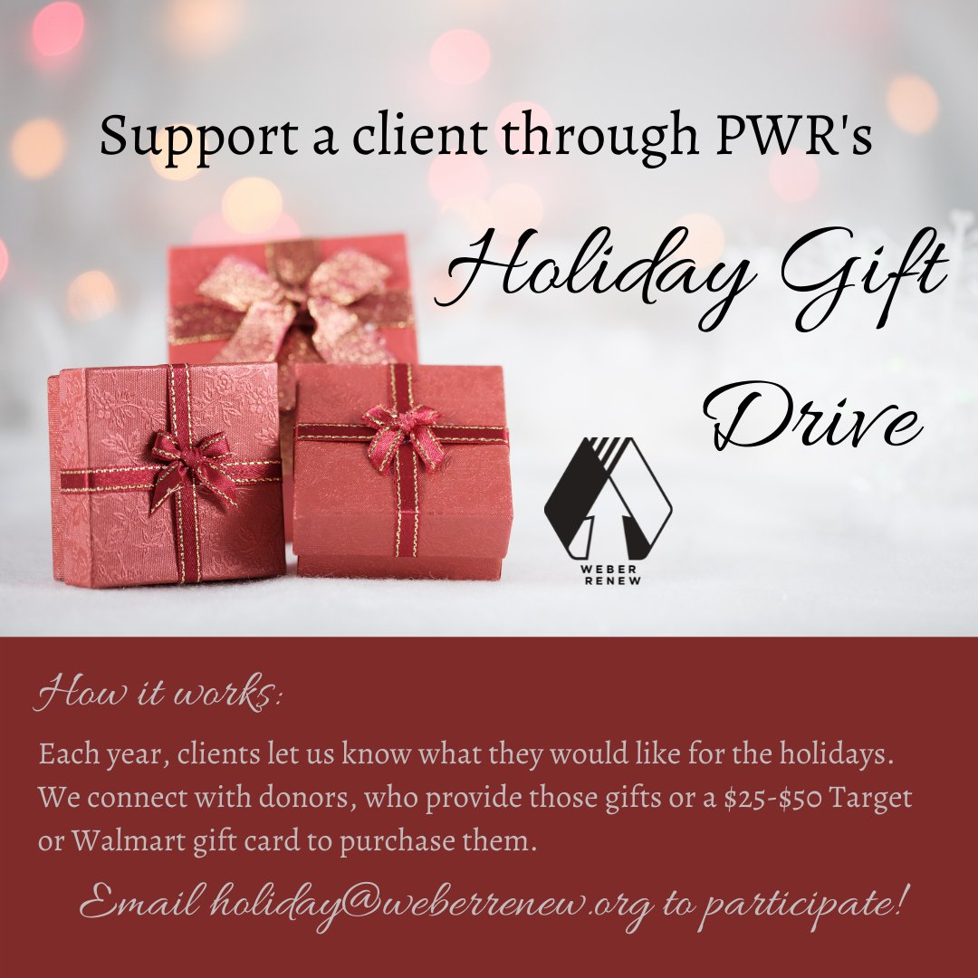 WeberRenew's tweet photo. Reminder! You can make someone's holiday, simply by purchasing a gift that they choose, or a gift card, and dropping it off at our drop-in centers. Want a name and a request? Please contact holiday@weberrenew.org and we'll connect generous donors to our amazing community members. https://t.co/zGdTWoFFmc