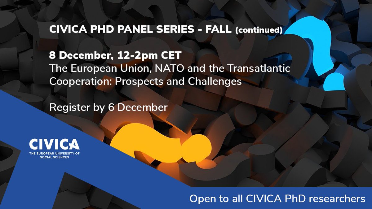 CIVICA_EU's tweet photo. 📣 CIVICA PhDs: 2021's final panel in the series @thehertieschool examines the EU, NATO &amp; transatlantic cooperation

📅 8 Dec 12-2pm CET
Presentations by PhDs from SNSPA &amp; Hertie School
Inputs by @EmmaBlanc27, @TobiasBunde, @bctallis 

Sign up ➡️ https://t.co/AD3E3PTQZ9 https://t.co/Kjy6XFq4Ub