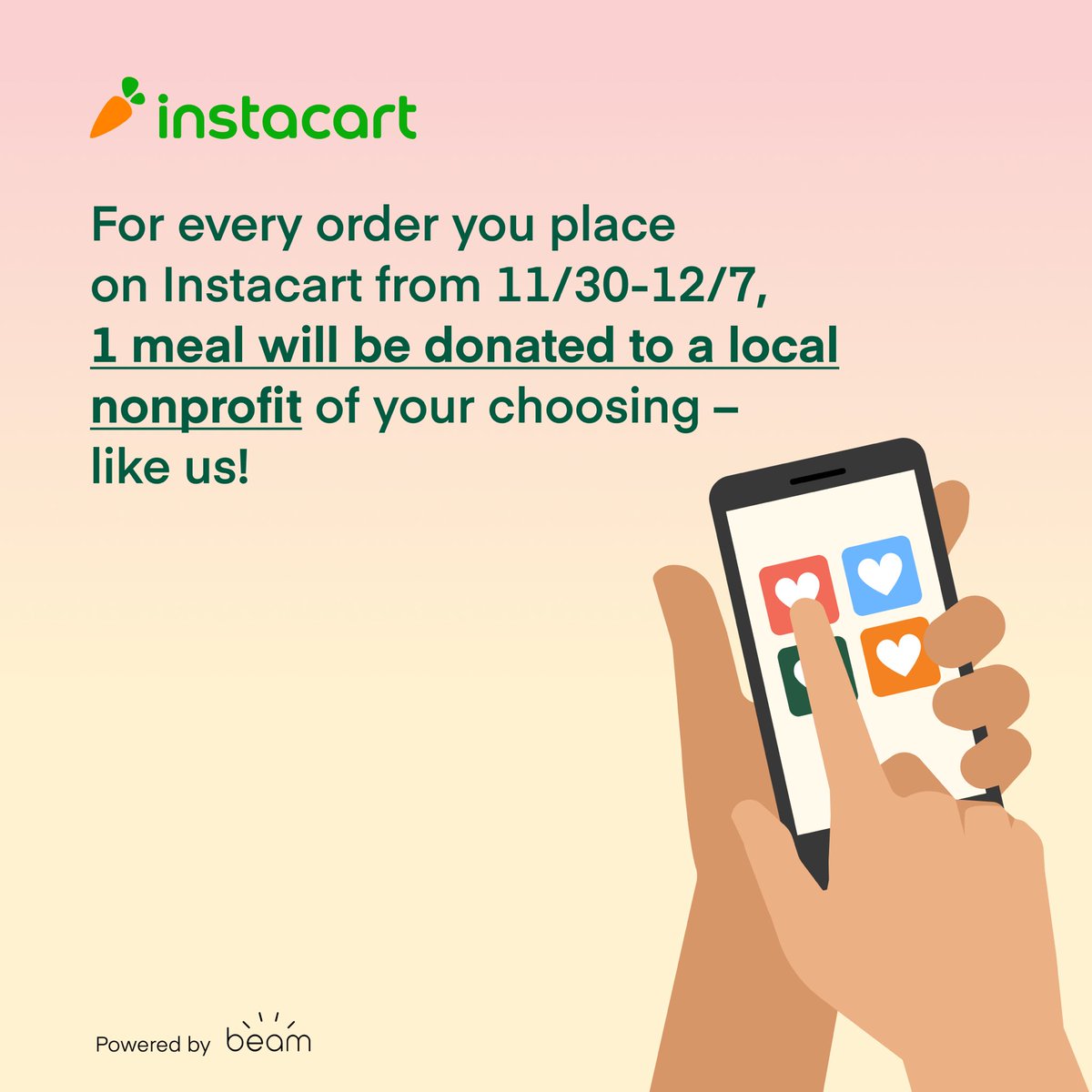 VeteransCareNet's tweet photo. This @GivingTuesday, we’re proud to partner with @Instacart, to provide food to our community.
From 11/30-12/7, Instacart customers can choose to support a local nonprofit (like us!) and 1 meal will be donated for every order they place–at no extra cost.
#GivingTuesday https://t.co/1vDVBFZvjc
