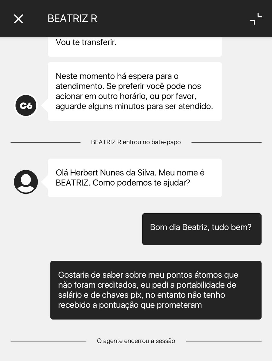 Mais uma vez, agradeço a atenção do <a href="/C6Bank/">C6 Bank</a>, se precisar de alguma informação esquece você não vai ter, só enrolação e enganação meus pontos átomos não caem na conta e o motivo só Deus sabe. Arrependimento é o que sinto ter trocado de banco. 🤦🏽‍♂️
