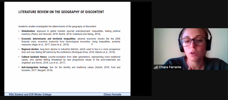 .<a href="/ChiaraFerrant/">Chiara Ferrante</a> providing a brief literature review on the geography of #discontent in her #RSAWinterCollege presentation.