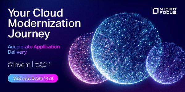 Visit #MicroFocus and the @MicroFocusDev team at <a href="/AWSreInvent/">AWS re:Invent</a>, Nov 30-Dec 3, at booth 1479 or in the virtual Expo Hall to discuss #Mainframe #Modernization &amp; #DevOps. Reg now: | #AppDev #AWS #reInvent bit.ly/3xAjnVH #TeamMicroFocus