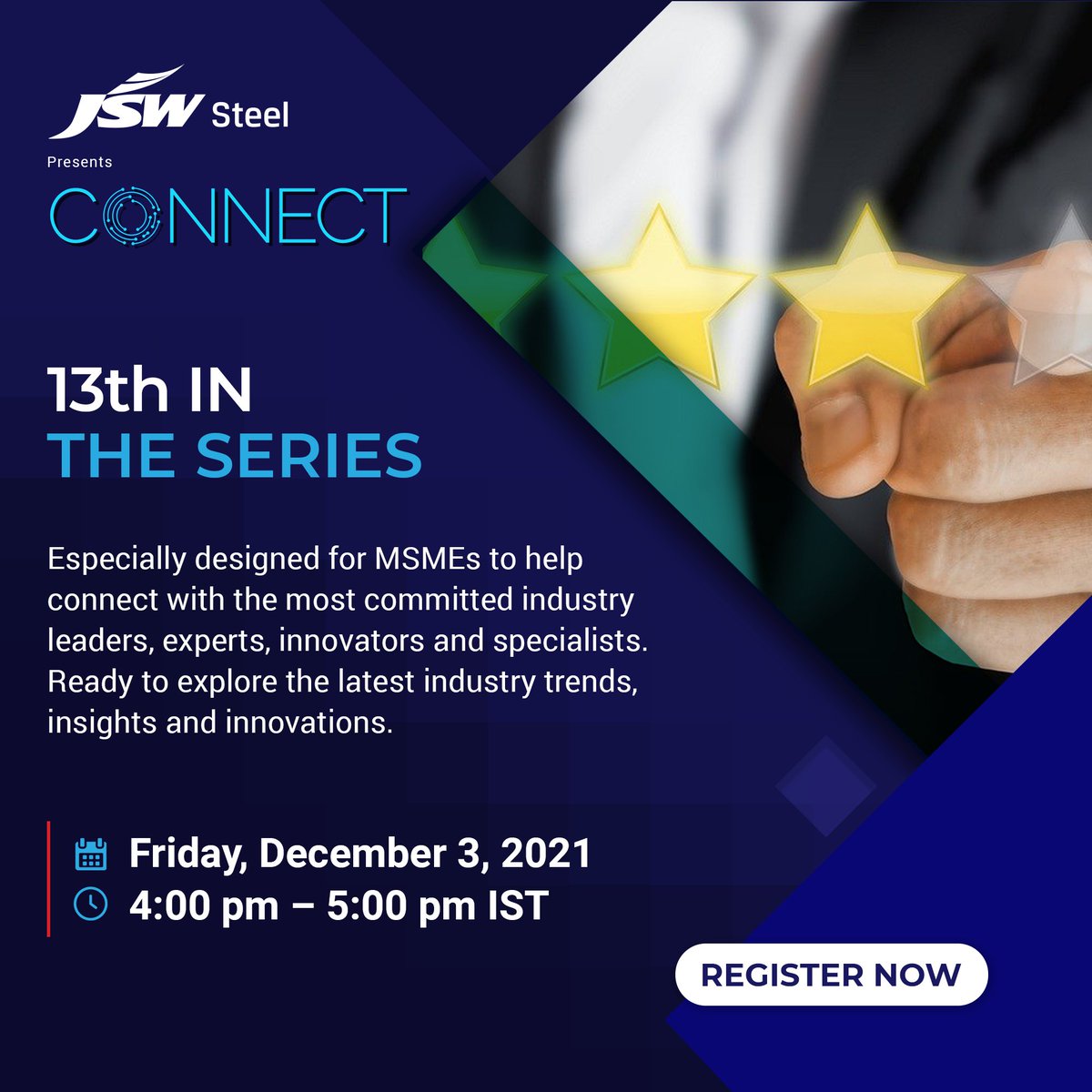 jswsteel's tweet photo. Get ready for the thirteenth edition of #JSWSteelConnect! This webinar session will focus on "The Future of CX (Customer Experience)" to help MSMEs explore the latest industry trends, insights and innovations.
Register now for this insightful webinar: https://t.co/NigVnBtD8L https://t.co/G2R8MoIx1F