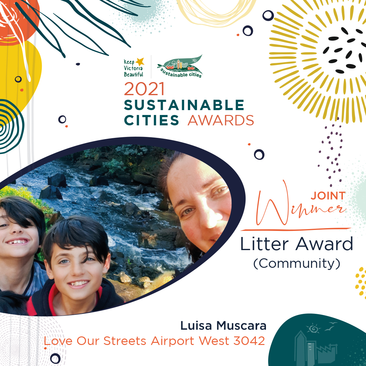 #KVBSustainableCities 2021 Awards Joint Winner Litter (Community): Luisa Muscara, ‘Love Our Streets Airport West 3042’
<a href="/theheraldsun/">Herald Sun</a> <a href="/theage/">The Age</a> <a href="/baysideleader/">Bayside Leader</a> 
<a href="/abcnews/">ABC News</a> <a href="/9NewsMelb/">9News Melbourne</a>
<a href="/7NewsMelbourne/">7NEWS Melbourne</a> <a href="/TenNewsMelb/">10 News First Melbourne</a>