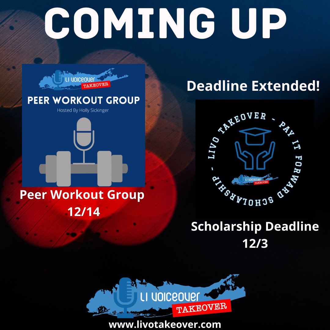 SickingerHolly's tweet photo. The deadline for the Pay It Forward Scholarship has been extended to Friday! Also, don’t forget to secure your spot in the last Peer Workout Group of 2021. For more info, go to @VOTakeoverLI https://t.co/Hk7mQs6thp #voiceover #vo #peerworkout #scholarship #voscholarship https://t.co/u21PksdRzf