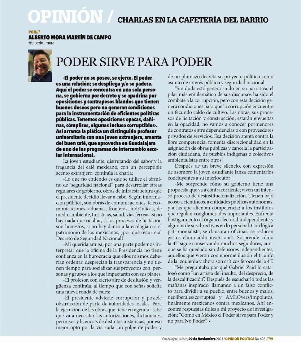 Charlas en la Cafetería del Barrio
Poder sirve para Poder
Por Alberto Mora
<a href="/alberto_mora/">Alberto Mora</a>