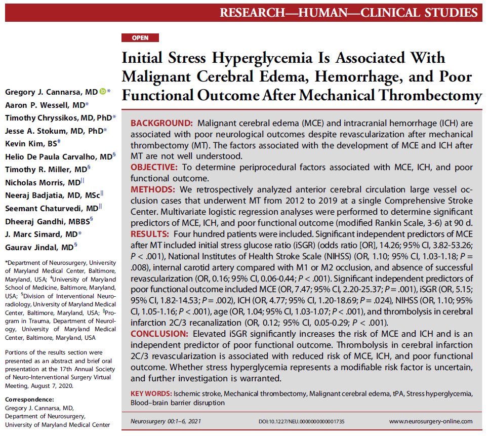Congrats to Greg Cannarsa PGY-7, Dr. Jindal, and team for this new study in <a href="/NeurosurgeryCNS/">Neurosurgery Publications</a>. Elevated initial stress glucose ratio increases risk of malignant edema and ICH and predicts poor functional outcome after MT/EVT #stroke <a href="/YoungNIR/">YoungNIR</a> Open access: bit.ly/3E8y3Ot