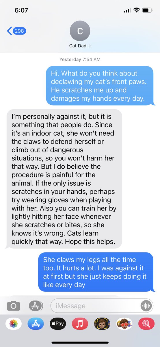 MrLeonardKim's tweet photo. @friarpark @aprilbaby50 I don’t know. My friend told me to get her declawed. The guy I got her from said this……………… whack her??? Really??? That’s like more abusive. https://t.co/VVb2W1Sdni