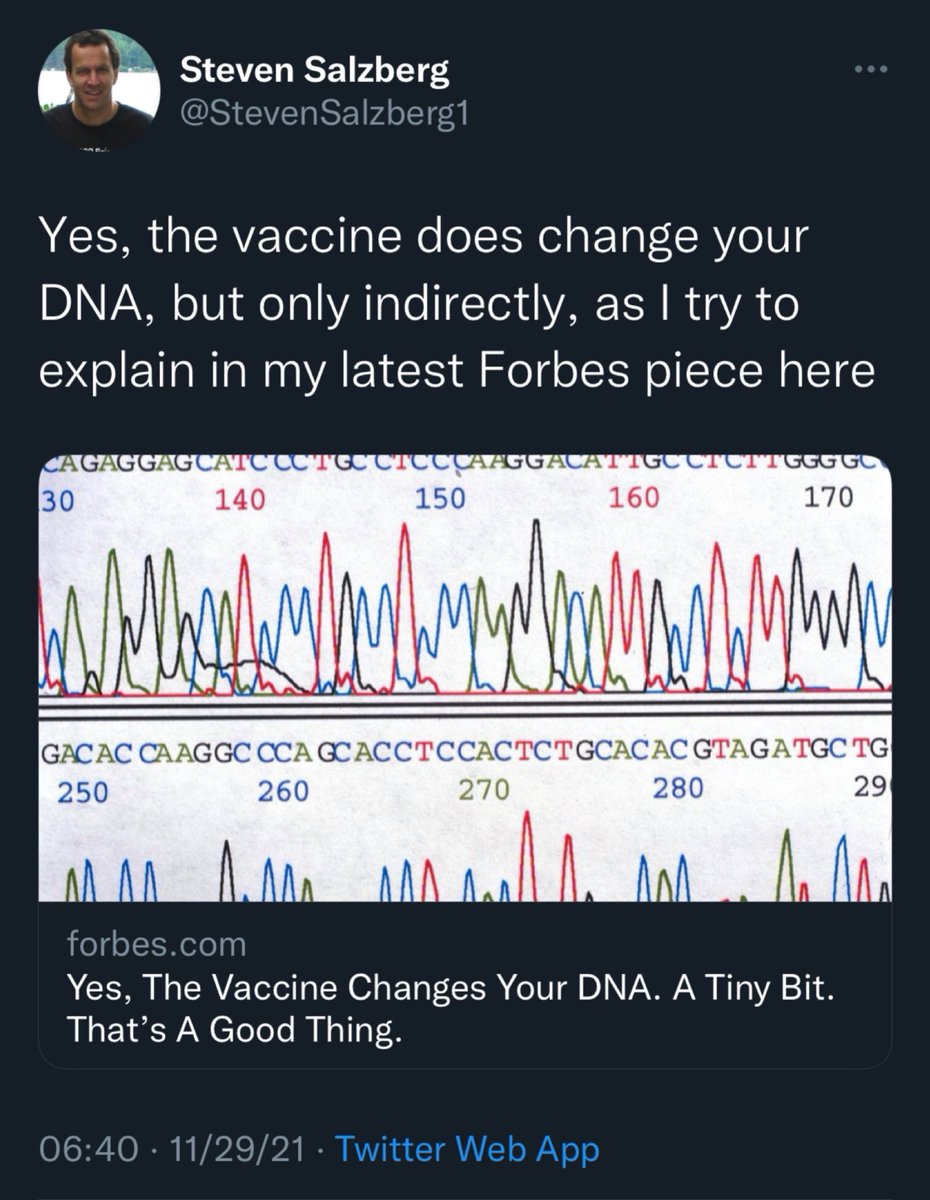 Tell me you don’t understand immunology without telling me you don’t understand immunology. Vaccines do not change your DNA, indirectly or “a tiny bit.” He’s referring to V(D)J recombination, which occurs normally. It’s fundamental to our immune system.