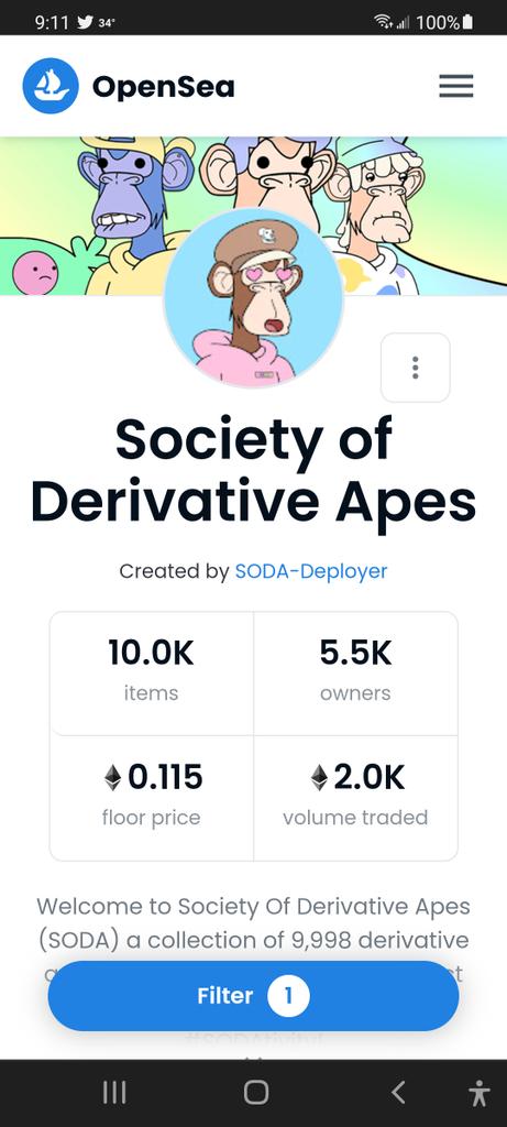 r_rainss's tweet photo. Sheesh. Those numbers look amazing. That's unbelievable for such a new collection. I'm lookin at holders and floor price! @DerivativeApes #sodagang #SODAtivity https://t.co/Cy4o2JkPwv