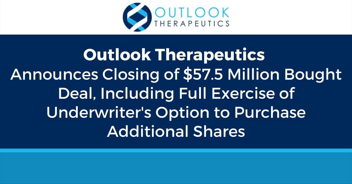 OutlookTx's tweet photo. Outlook Therapeutics closes previously announced underwritten public offering of common stock to $57.5 million. The proceeds are expected to fund $OTLK through December 2022. Full release here: https://t.co/a6NjQUFWCv #wAMD https://t.co/dpSBqVovVH