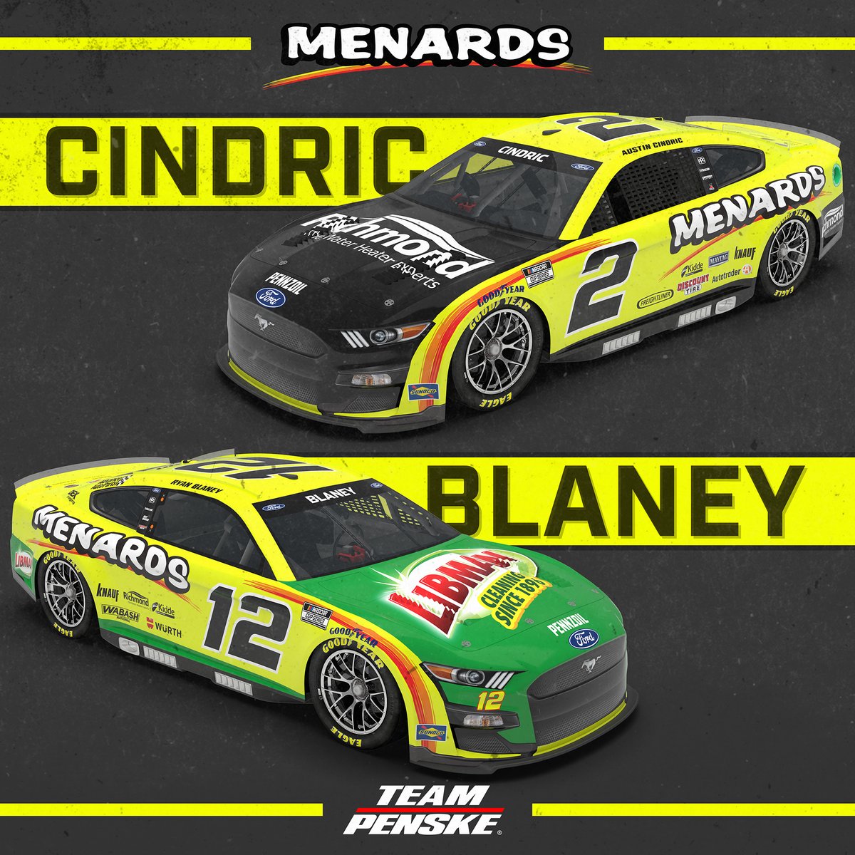Team_Penske's tweet photo. NEWS: @MenardsRacing to Build on Team Penske Sponsorship for 2022 @NASCAR Cup Series Season. 

📰: https://t.co/AHIhL9VGfe 

#NASCAR | @AustinCindric | @Blaney https://t.co/x9s7OTfDR9