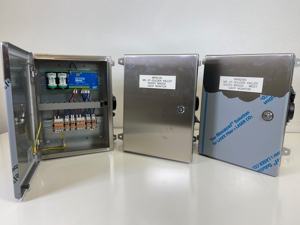 Omniflex's tweet photo. iGAL battery powered remote monitoring units in 316 stainless #steel enclosures.  Ready for installation on  M5 J11 Golden Valley Bridge, for providing 24/7 web based remote monitoring of the Galvanic Anode #cathodicprotection system. @VectorCorrosio @FreyssinetUK @NationalHways https://t.co/d68Ummx0Yx