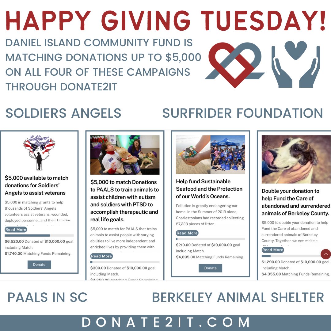 donate2it's tweet photo. HAPPY GIVING TUESDAY! Give back a small way today and help change the world around you. Check out the four amazing campaigns on our website and choose one to give back to. Every dollar will be matched. Thank you for helping us make an impact today ❤️https://t.co/sYaklldshN https://t.co/aUImO5A4K0