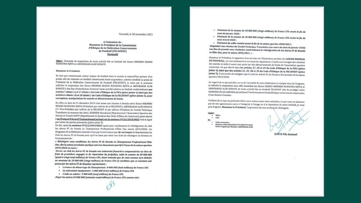 ForYou_Media's tweet photo. Eto'o demande a la commission d'éthique de la fécafoot, la suspension de toute activité liée au football des sieurs MBOMBO NJOYA et ABOUBAKAR ALIM KONATE
ForYou Media https://t.co/vZo3tambFi