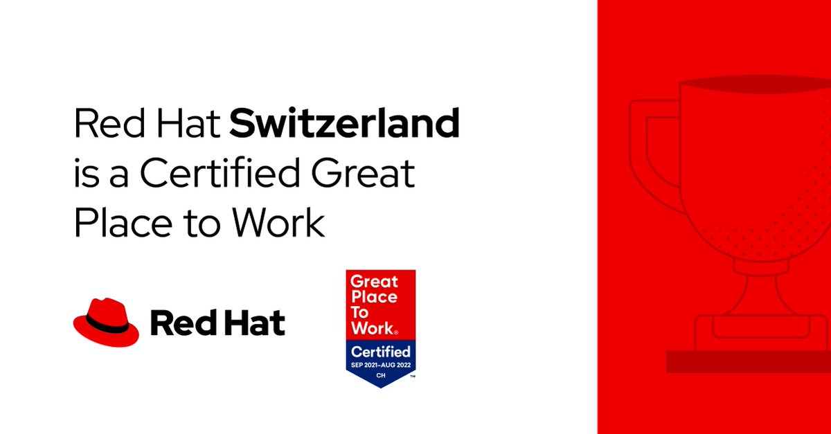 RedHatEMEA's tweet photo. Red Hat Switzerland is now a certified #GreatPlaceToWork! See how #OpenSource principles bring our company culture to life 👉  https://t.co/W8dwr6nltT

#GPTW #RedHatDach https://t.co/pwgQ1qyyH5