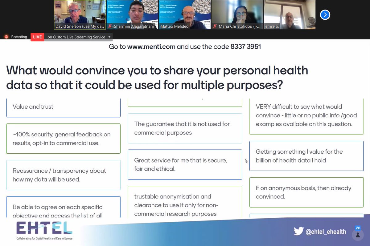 ehtel_ehealth's tweet photo. A lively conversation following @SAlagaratnam's presentation on the fantastic work @DNV_Group is doing around #DynamicConsent
๐ฃ๏ธ#EHTEL_Symposium participants had their say! What would convince You to share your personal #HealthData? Let us know below! https://t.co/58qIc60emT