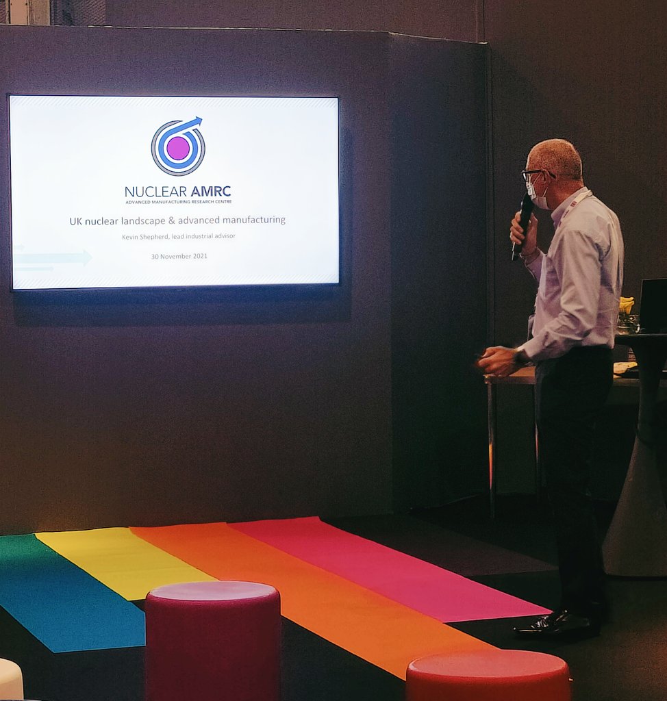 NuclearSW's tweet photo. Kevin Shepherd of #UK @tradegovuk pavillion partner @NuclearAMRC is currently presenting at @Exhibition_WNE on the #nuclear landscape, the need for #decarbonisation and #advancedmanufacture https://t.co/gfvs87Szor