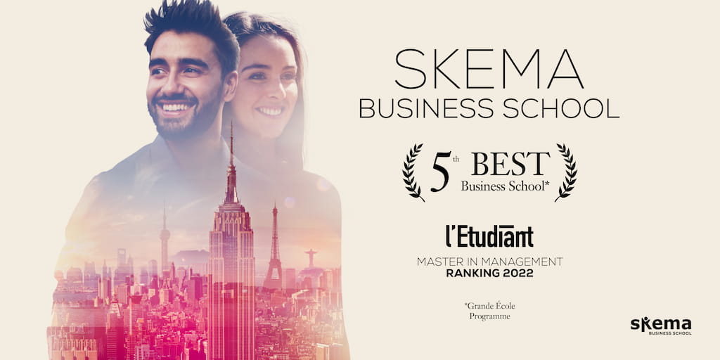SKEMA_BS's tweet photo. [CLASSEMENT] #SKEMA consolide sa 5ème place au classement 2022 des grandes écoles de commerce par @letudiant avec @SKEMA_PGE. Elle atteint notamment la 2ème position sur le critère de l'excellence internationale parmi les 37 écoles classées. https://t.co/sXyE64Lo29 #WeAreSKEMA https://t.co/DvfkbFoqf9