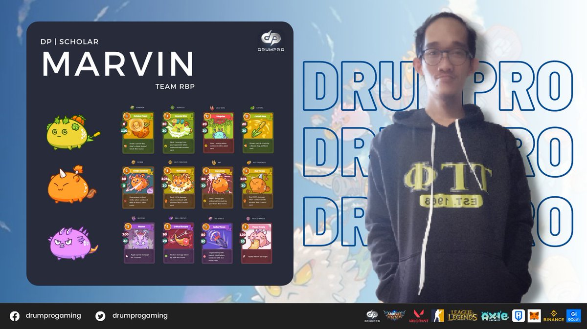 drumprogaming's tweet photo. We are happy to announce the newest member of our DrumPro Scholarship Program! 🎉🎉🎉

DP Scholar | Marvin

"Work and you’ll get what you need; work harder and you’ll get what you want."

#drumproofficial #axieinfinity #axiescholarship #gaming #crypto #playtoearn #nftgames https://t.co/Ofc1xxKBCk