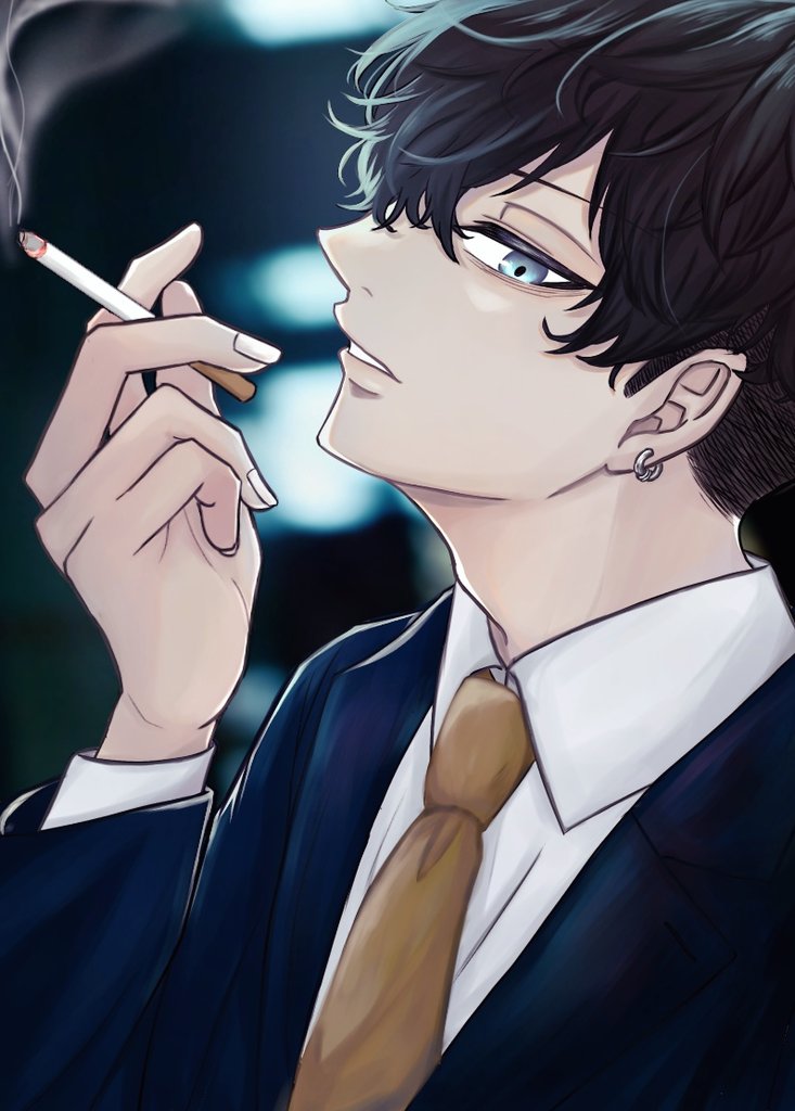 1boy male focus cigarette necktie black hair holding cigarette solo  illustration images