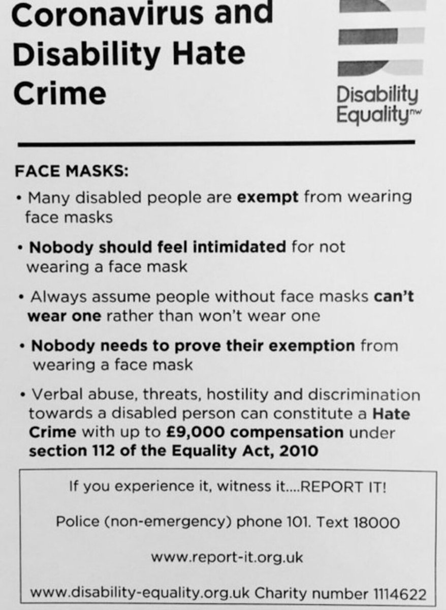 fly_girl7's tweet photo. Nobody should feel intimidated for not wearing a mask. Harassment of a maskless person is a breach of Equality Act2010 &amp; constitutes a Hate Crime, carries up to £9000 compensation under sec 112. 
When are the unions going to support mask exempt members? @UniteSharon @UniteHandS https://t.co/f6U7XpIxOo