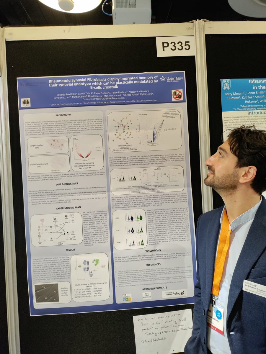 More posters from our team at the #BSI21 ! Are you interested in rheumatoid arthritis fibroblasts🧫🔬? Come to the posters session today at 17:30!!!

P338 #MattiaCaliste
P335 <a href="/Edo_Prediletto/">🧑‍🔬Edoardo Prediletto 🇮🇹🇬🇧🇪🇺</a>
P320 <a href="/elisa_corsiero/">Elisa Corsiero</a>

<a href="/TheRealARGOsLab/">TheRealARGOsLab</a>
<a href="/EMR_QMUL/">Experimental Medicine & Rheumatology</a>