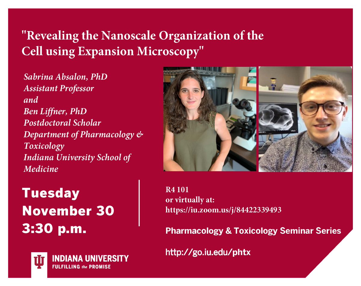 IUSMPharmTox's tweet photo. Today's seminar features our own Dr. Sabrina Absalon (@sabrina_absalon) and Dr. Ben Liffner (@LiffnerBen) https://t.co/tGiGUwqtbu