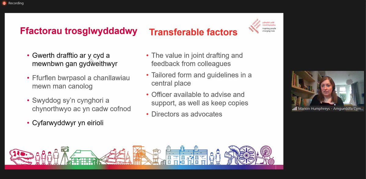 ComyGymraeg's tweet image. @AmgueddfaCymru yn dweud bod hi'n bwysig bod 'na lais ar lefel uchel sy'n cefnogi'r Gymraeg, yn ogystal a swyddog iaith. #ArferionEffeithiol. 
@AmgueddfaCymru says that it's important that support for the Welsh language comes from the top. #EffectivePractices