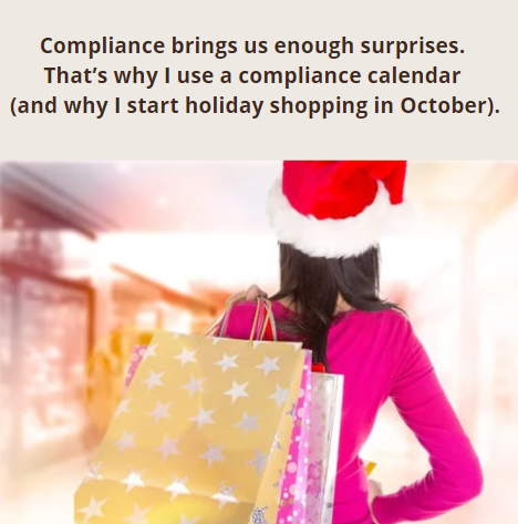 mpaCompliance's tweet photo. What Your Holiday Shopping Says About Your Compliance Planning  - Compliance brings us enough surprises. That’s why I use a 12-month compliance calendar (and why I start holiday shopping in October).
https://t.co/L4kaVuIPDc https://t.co/RdiM0CWn11