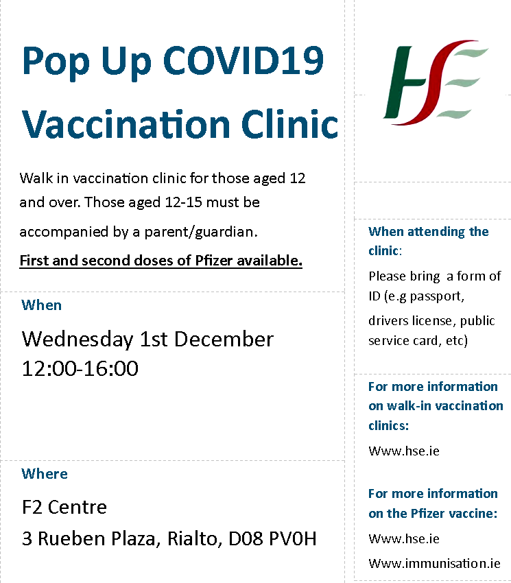 Tomorrow there will be a pop up vaccination clinic in #Rialto, #Dublin8

First and second doses of the Pfizer vaccine will be available

Please share this message with friends and family members in the local community

 #community #D8