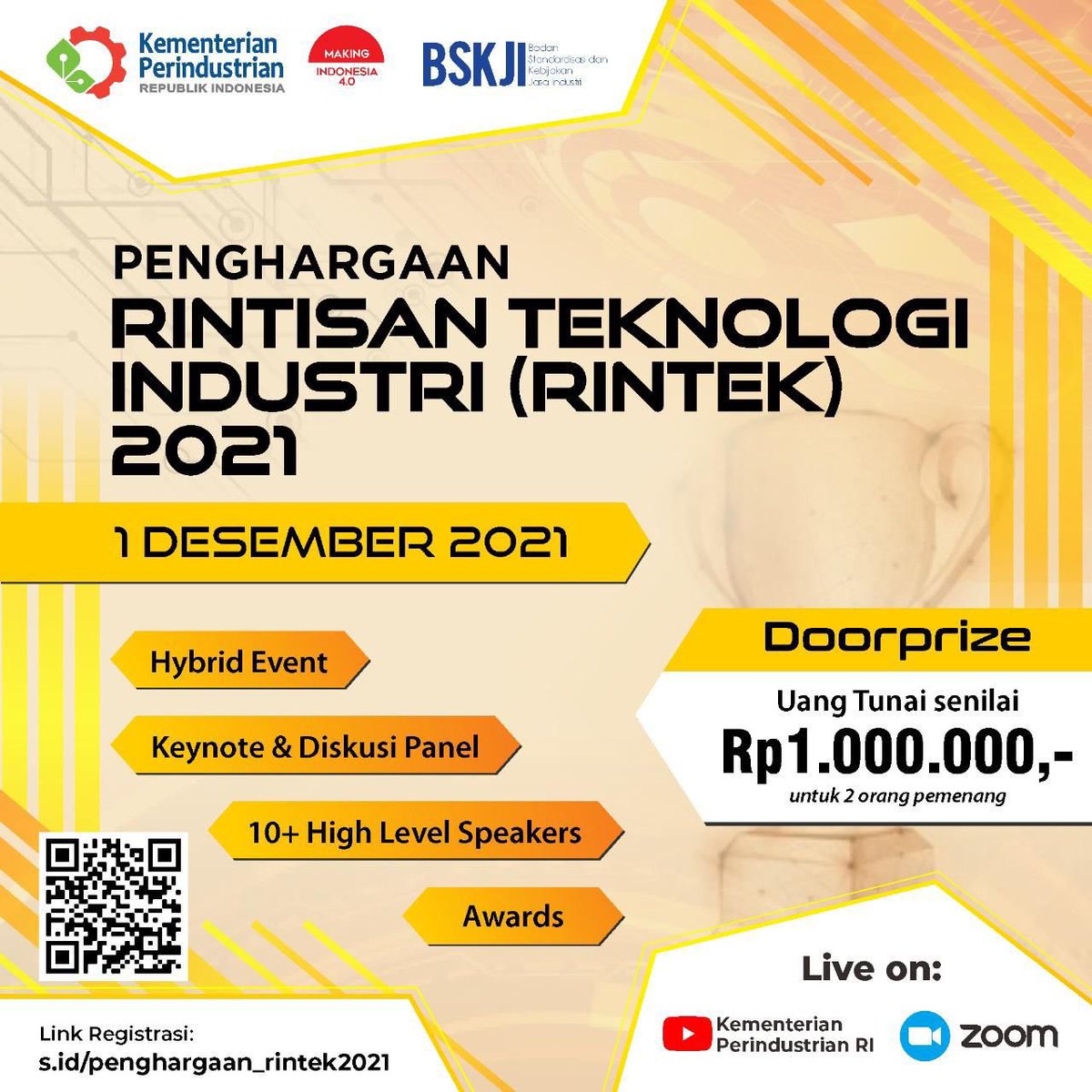 Kemenperin_RI's tweet photo. Sobat industri, Kemenperin melalui @bskjikemenperin akan menyelenggarakan Penghargaan Rintisan Teknologi Industri (Rintek) 2021, Rabu 1 Desember 2021 pukul 09.30 WIB melalui Zoom &amp; kanal Youtube Kementerian Perindustrian RI https://t.co/OhbipgSKuC.

#Infoperin
#Rintek2021 https://t.co/F1k4DSq0Nt