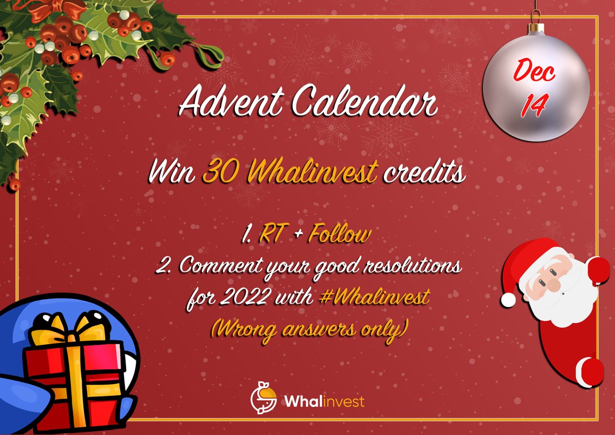 getwhalinvest's tweet image. DAY 14/24 🎁

30 Whalinvest credits to win! ✨

To enter:

👉🏻 Follow @getwhalinvest 
👉🏻 Retweet &amp;amp; Like
👉🏻 What are your resolutions for 2022? (Wrong answers only) 

⏳ Draw on 12/15! 

Good luck to everyone! 🔥

#Christmas #Cryptos