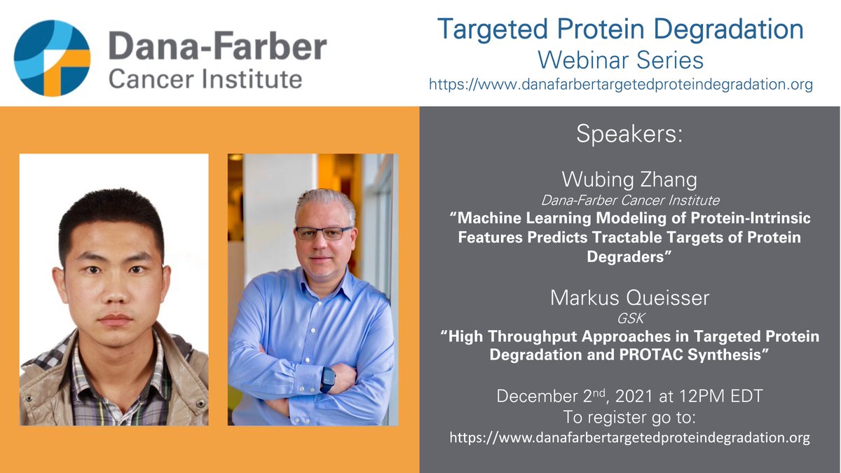 kdonovan1008's tweet photo. Join us on Thursday at 12pm EDT for two fantastic talks! @Wubing44589261 will tell us about the use of machine learning for predicting tractable targets and Markus Queisser will describe high throughput approaches in TPD and PROTAC synthesis! https://t.co/Gf1ZkmnwPD