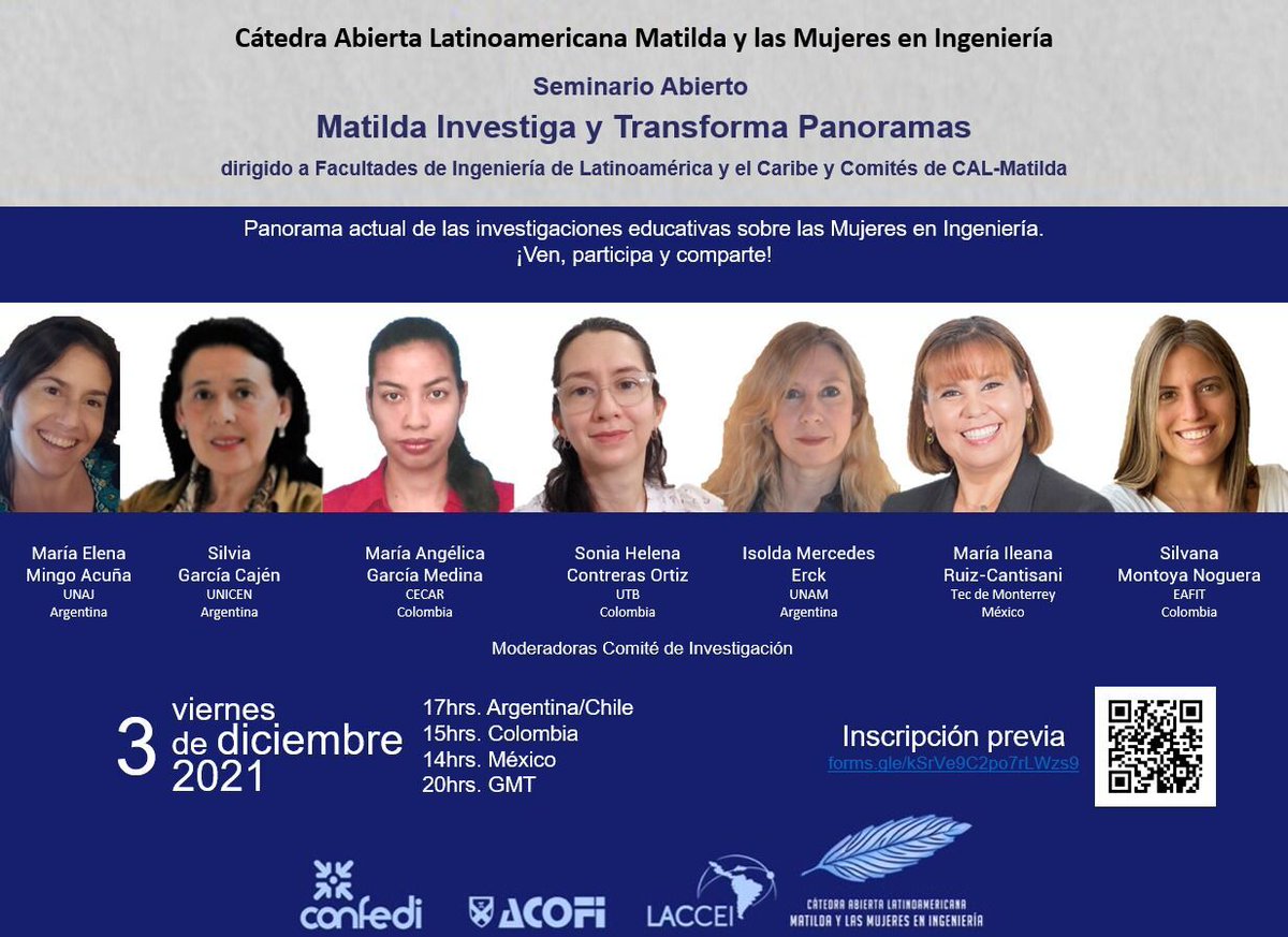 👩‍🔧 Invitamos a participar del seminario abierto "Matilda Investiga y Transforma Panoramas", el mismo se desarrollará el próximo 📆 viernes 03 de diciembre. 

📋 Podes inscribirte en el siguiente link: forms.gle/kSrVe9C2po7rLW…