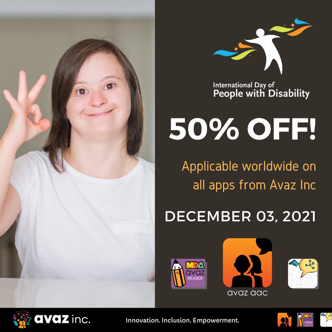avazapp's tweet image. SALE ALERT!
December 3 is observed as the International Day of Persons with Disabilities. In honour of this day, we&apos;re offering a 50% discount on all of our products!
Stay tuned to this space for the latest updates on that!
#aac #avazapp #internationaldayofpeoplewithdisability