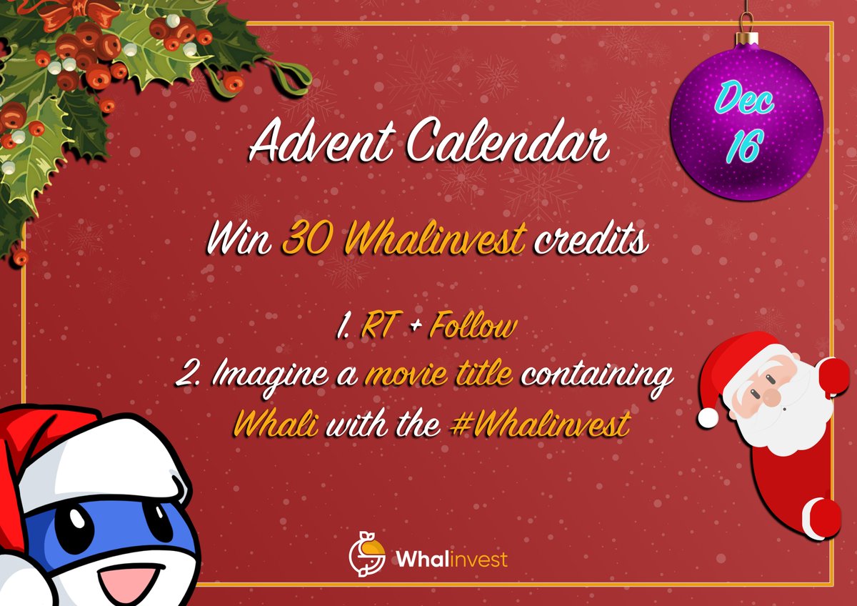 getwhalinvest's tweet photo. DAY 16/24 ����

30 Whalinvest credits to win! ✨

To enter:  👉🏻 Follow @getwhalinvest 
👉🏻 Retweet &amp; Like
👉🏻 Write a movie title containing "Whali" with the #Whalinvest 
 ⏳ Draw on 12/17! 

Good luck to everyone! 🔥

#Christmas #Cryptos https://t.co/uDytzXqNdt