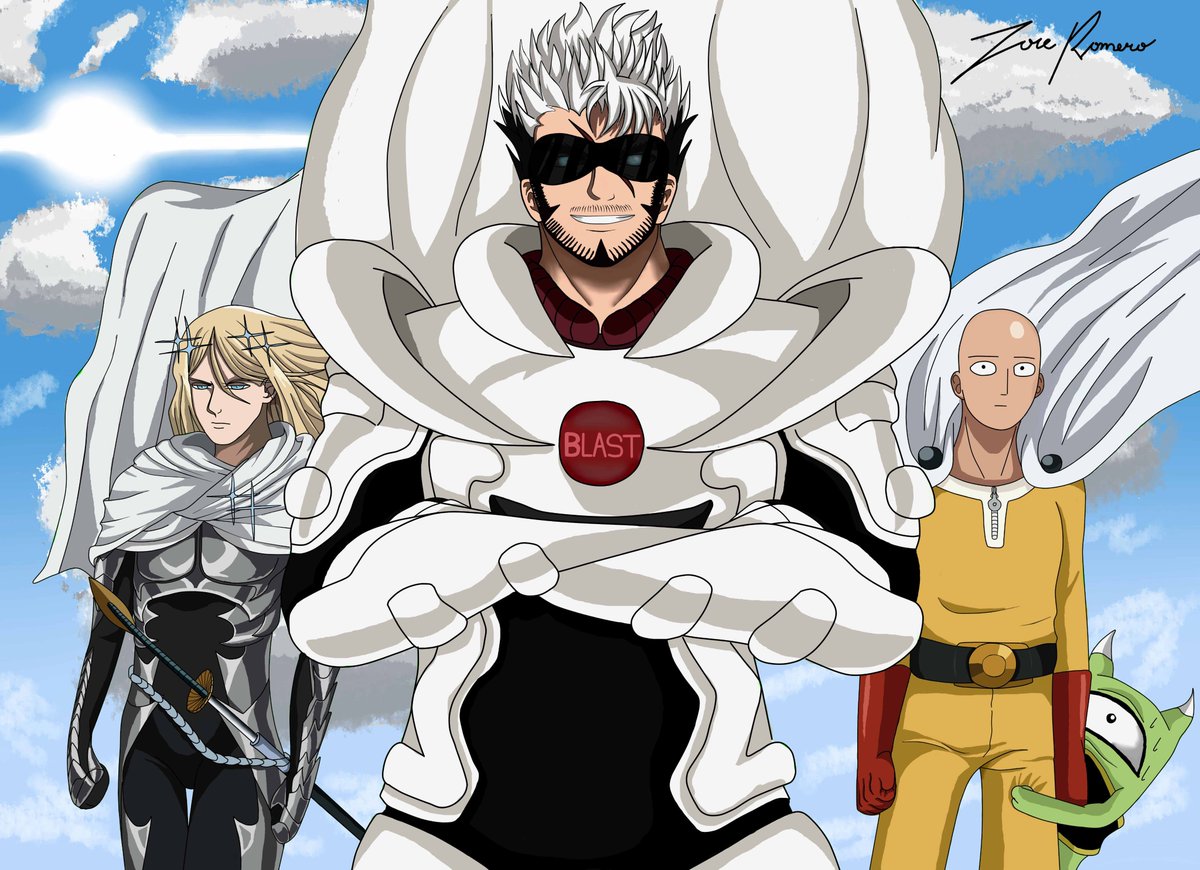 RomnaArts's tweet photo. new drawing of blast together with saitama, flashy-flash and manako, I'm still waiting to see them in an epic entrance #OnePunchMan153 #Saitama #ワンパンマン #opm153 #digitalart #FANART https://t.co/jCgfi2I7W2