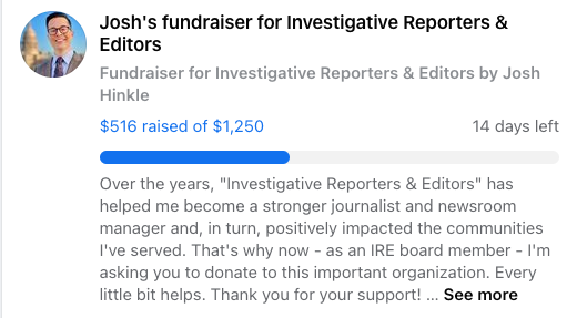 IRE_NICAR's tweet photo. Want to make a donation on Facebook? Check out the fundraisers by @brianmrosenthal, @byMarisaK, @hinklej and @jodienbc4. Help them reach their goals and support IRE! #GivingTuesday #IREStrong https://t.co/4IL3n0cyWL https://t.co/CLi3FFfgMO