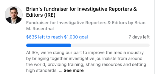 IRE_NICAR's tweet photo. Want to make a donation on Facebook? Check out the fundraisers by @brianmrosenthal, @byMarisaK, @hinklej and @jodienbc4. Help them reach their goals and support IRE! #GivingTuesday #IREStrong https://t.co/4IL3n0cyWL https://t.co/CLi3FFfgMO
