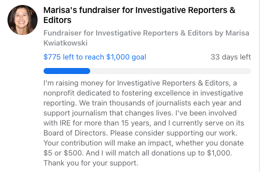 IRE_NICAR's tweet photo. Want to make a donation on Facebook? Check out the fundraisers by @brianmrosenthal, @byMarisaK, @hinklej and @jodienbc4. Help them reach their goals and support IRE! #GivingTuesday #IREStrong https://t.co/4IL3n0cyWL https://t.co/CLi3FFfgMO