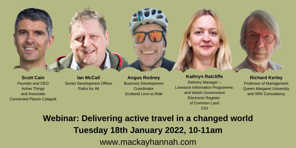 WEBINAR Delivering active travel in a changed world: why it matters &amp; how to do it

With <a href="/scottcainuk/">Scott Cain</a> <a href="/doactivethings/">Active Things</a> <a href="/CPCatapult/">Connected Places Catapult</a> @PathsforAll <a href="/LovetoRide_/">Love to Ride</a> <a href="/CGI_UKNEWS/">CGI UK</a> &amp; <a href="/RichardKerley/">Richard Kerley</a>  <a href="/QMUniversity/">QueenMargaretUni</a> 

Info: bit.ly/3mZKiXu
When: 18th January 2022
Cost: £45 - get 3 for 2