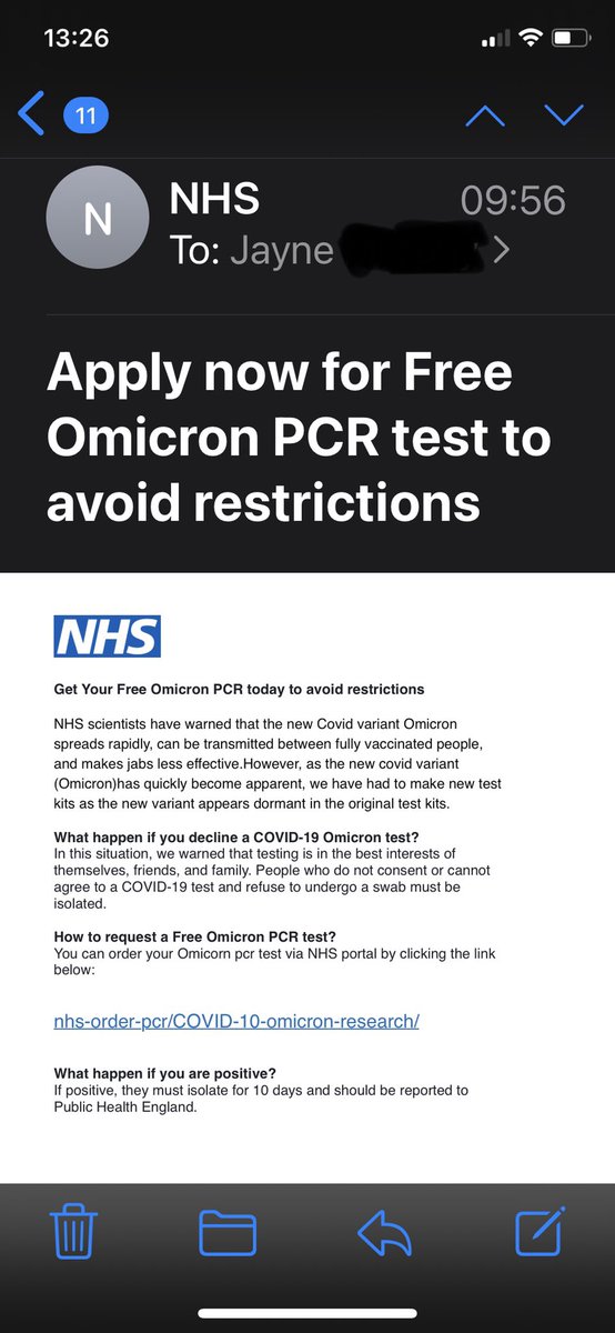 luvblackroses's tweet photo. ⚠️Beware of fake NHS emails regarding ordering Omicron PCR test⚠️                                   Link is fake.         ❌NHS will never ask for payment or your bank details❌@NHSuk 
#Covidtestscam #phishing #scam 
#Takefive #Tell2 https://t.co/b1VvvJJo5u
