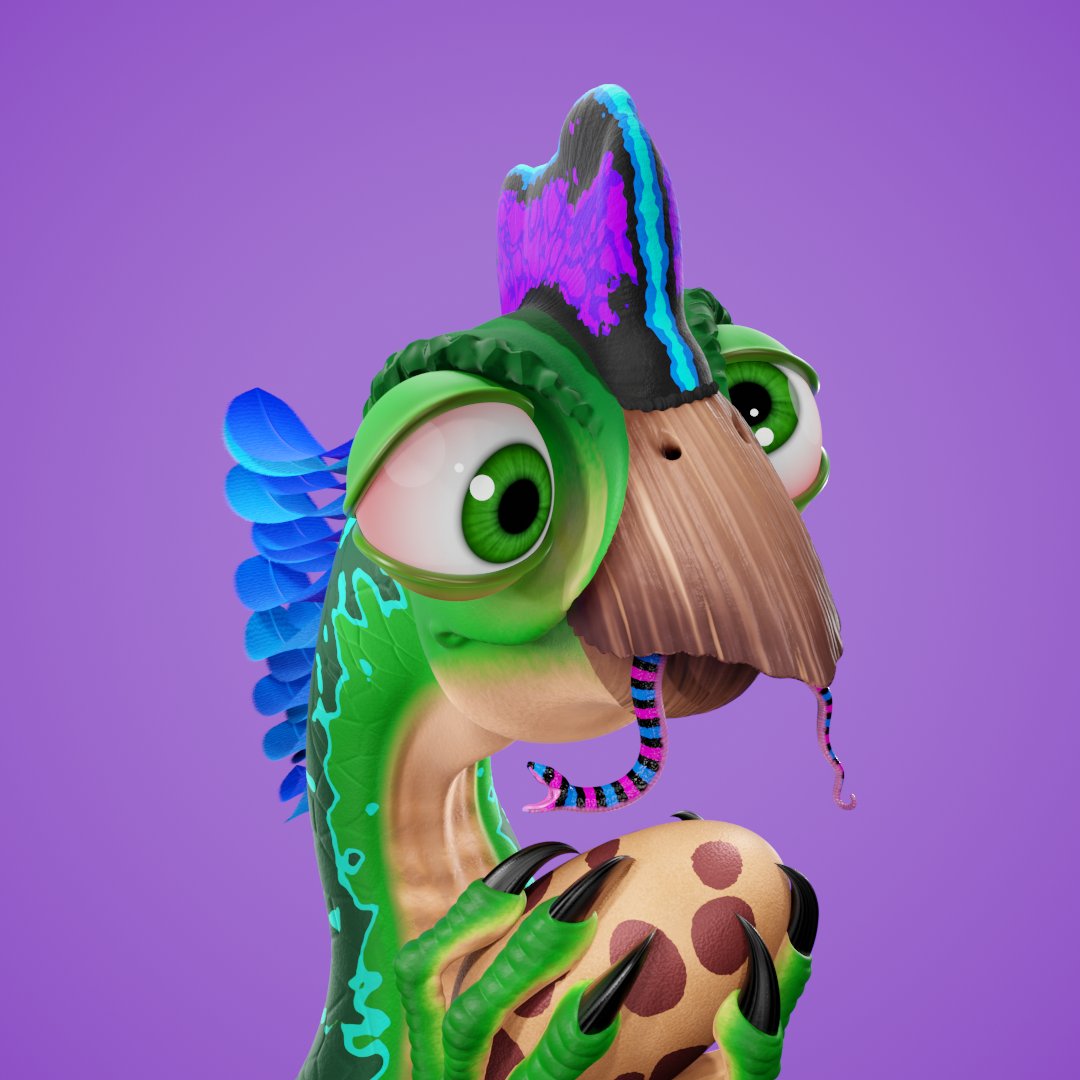 It's been a dizzying year for Oviraptor #489 who is busy gathering curiosities for potential Christmas gifts and it looks like he mistook this pink and blue snake for a flower.🐍🌻  #NFTCommunity #nftcollector #nftcollectors #nftart #nft #NFTcollectibles  opensea.io/assets/0x495f9…