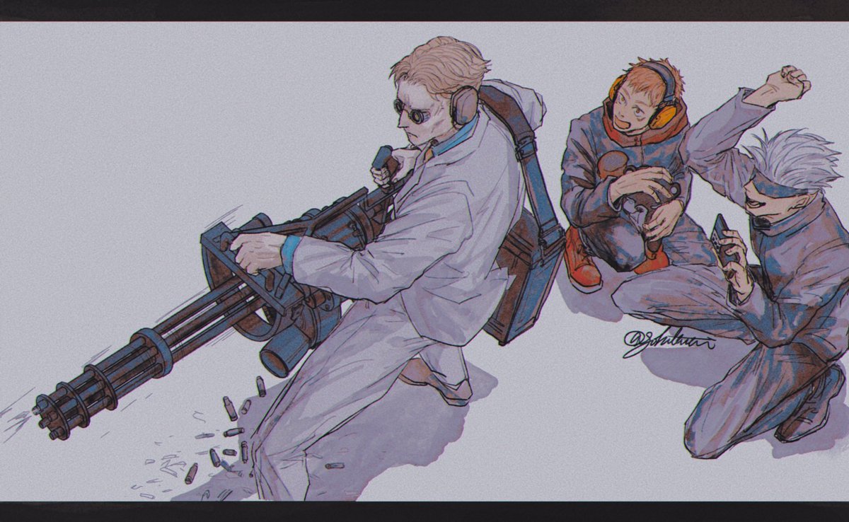 gojou satoru ,itadori yuuji multiple boys holding weapon pants short hair holding weapon white hair  illustration images