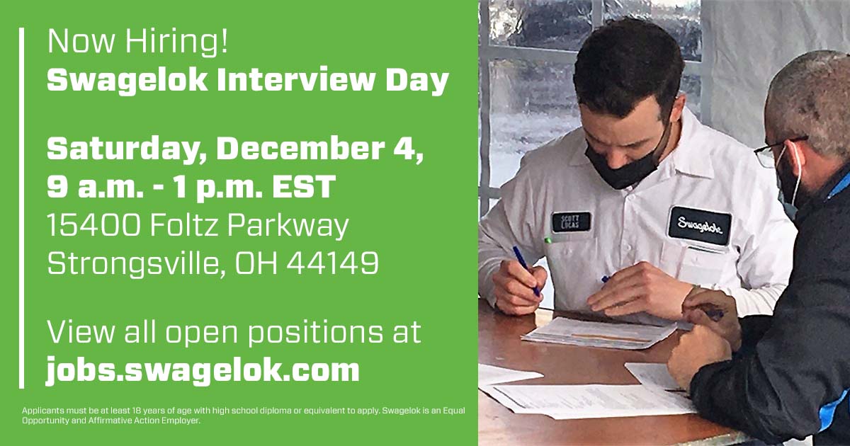 Swagelok's tweet photo. Join us 12/4 (9am-1pm) for interviews @ our Strongsville facility -15400 Foltz Pkwy, Strongsville, OH 44149. Job seekers should make an appt -walk-ins welcome. Visit  https://t.co/1stfvx2tWN, bring a resume, apply online &amp; wear a face mask. https://t.co/fLIcxwXvaC https://t.co/lExUhIxHdf