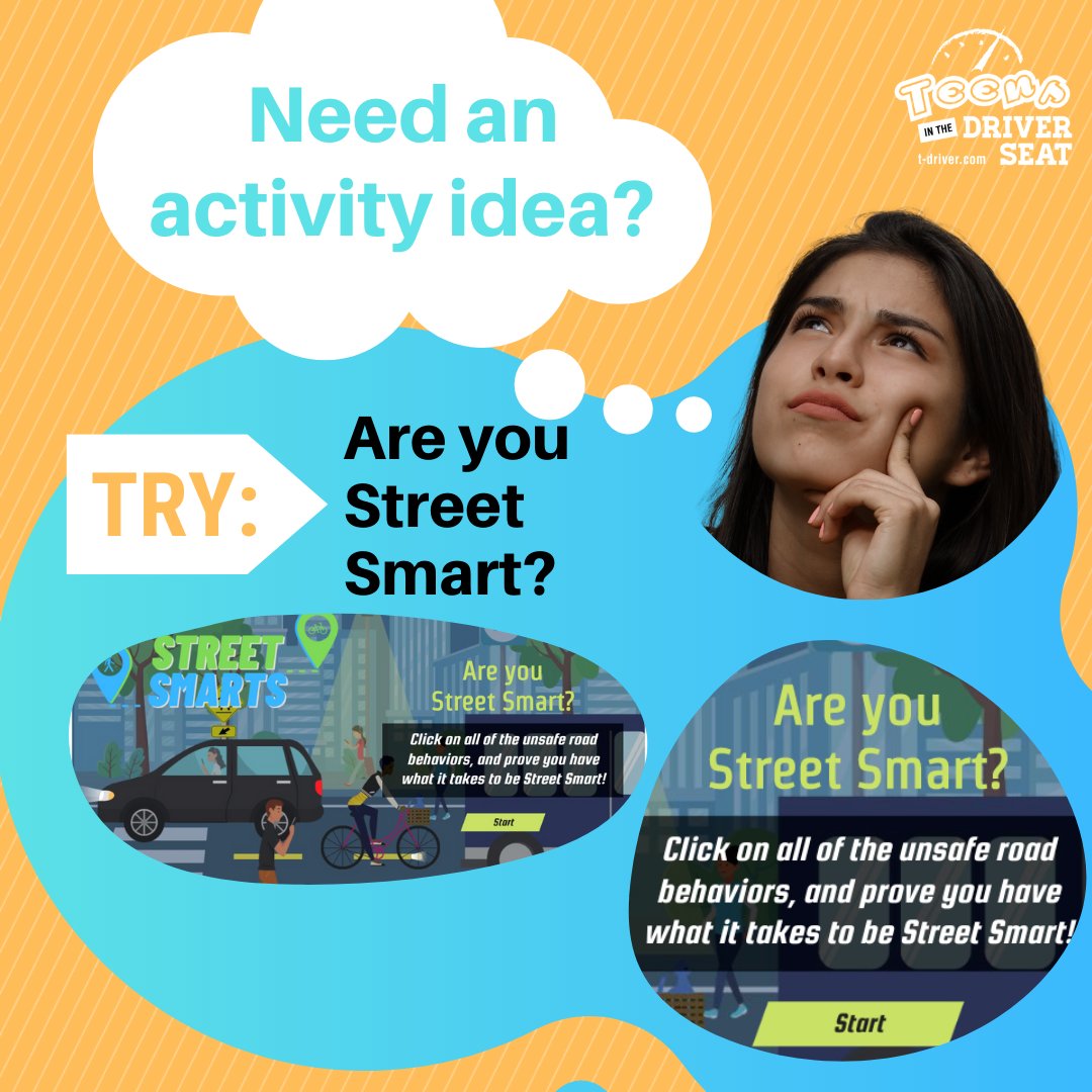 TeensDriverSeat's tweet photo. 🤔Have you tried out our Street Smart 🚴‍♀️🚶 🚗virtual activity? Test your skills now and find out if you're street smart. What are you waiting for? https://t.co/44QExrkAzE #pedsafety #streetsmart https://t.co/e8ptNWPj6G