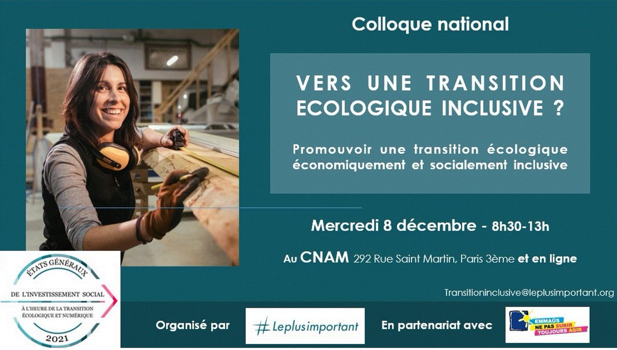 Le 8 décembre, #Leplusimportant et Emmaüs France organisent un #colloque sur le thème : "Vers une transition écologique inclusive ?". 
Une journée pour promouvoir une transition écologique qui soit au service de la justice sociale 
Programme complet ici : emmaus-france.org/agenda/vers-un…