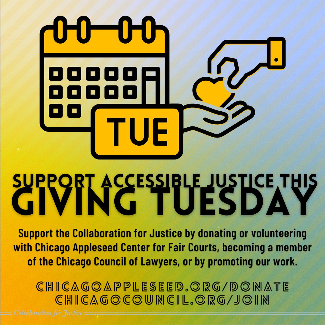 ChiCouncilLaw's tweet photo. Our #CollaborationForJustice with @ChiAppleseed works to improve lives by improving the courts. Will you support us this #GivingTuesday? 

📌 Make a tax-deductible donation at https://t.co/ExWvmDKSRu
📌 Become a member of the Chicago Council of Lawyers at https://t.co/hbJn5MVw12 https://t.co/poFqV23zn1