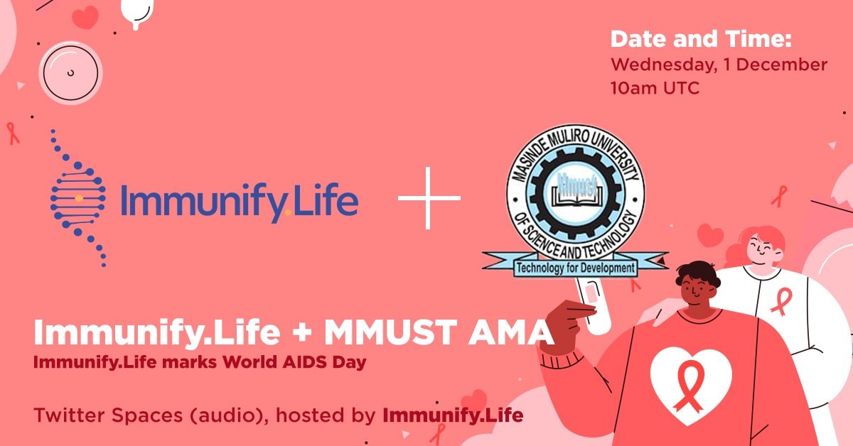 ImmunifyLife's tweet photo. (1/2) This #WorldAIDSDay we take extreme pride in hosting an #AMA in association with @MMUST_Kenya
 
#CEO @GuyNewing &amp; #COO Daniel Kenny join Dr. Tecla Sum &amp; Dr. Bernard Wesonga for the AMA session
 
📍: @TwitterSpaces
📅: Dec 1st
⏰: 10 AM UTC
 
Know what we will cover 👇 https://t.co/isSBoWaasj